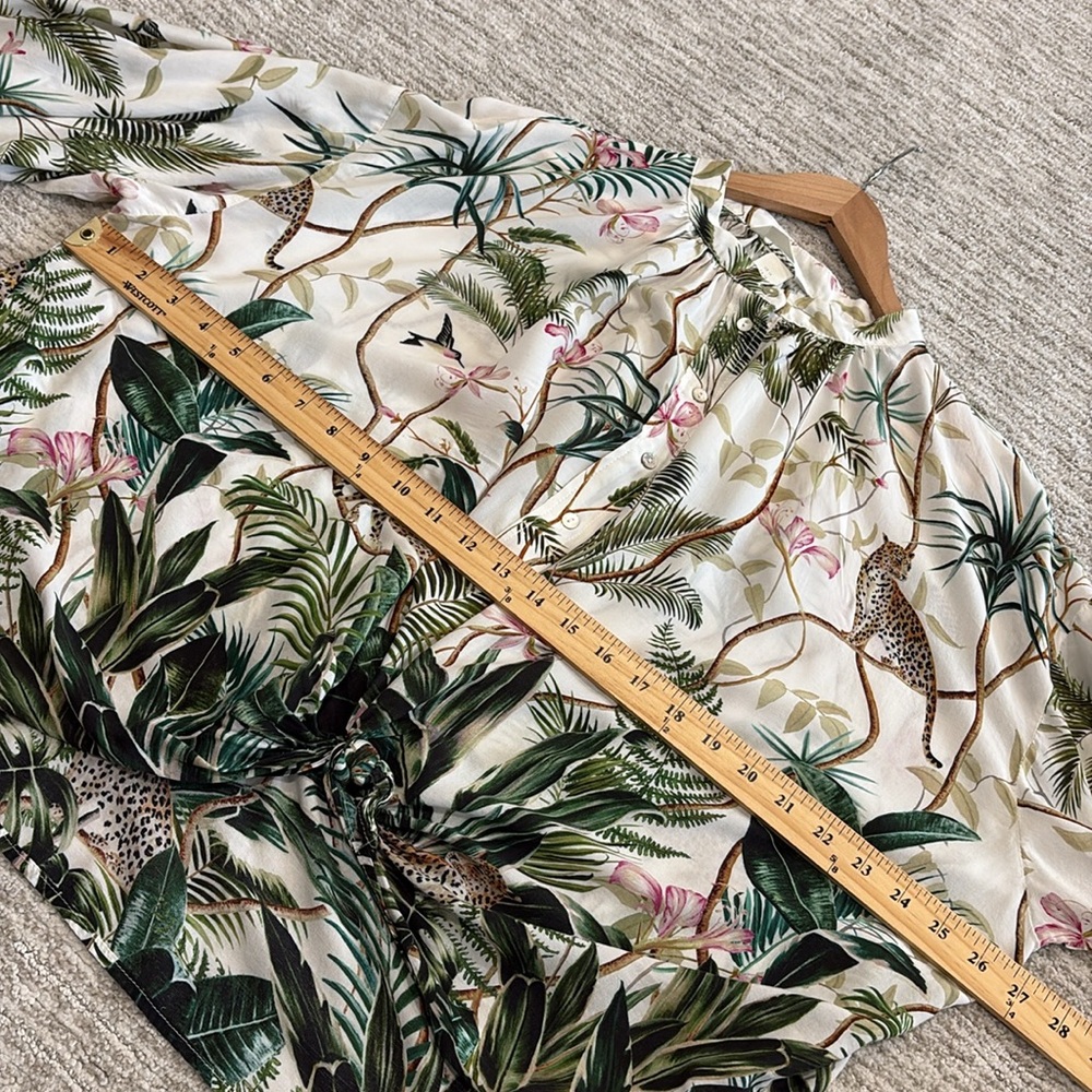 H&M Jungle Floral Print Blouse Womens Size 14 Balloon Sleeve 1/2 Placket Popover - Picture 6 of 16